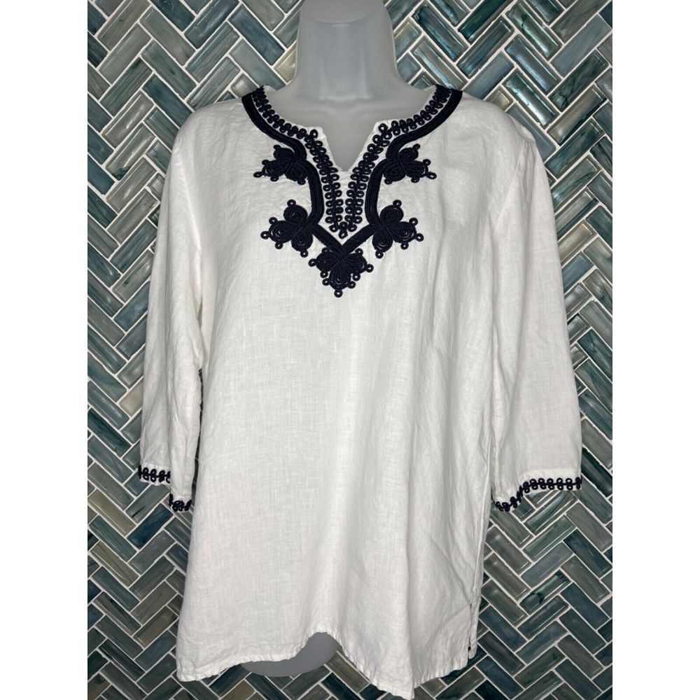 WOMENS SYMPLE NYC WHITE 100% LINEN 3/4 SLEEVE‎ TUNIC TOP NAVY BLUE TRIM MEDIUM